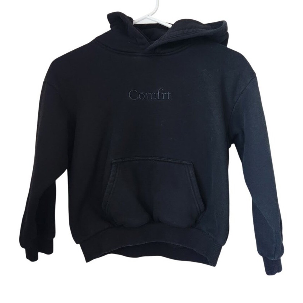Comfrt Kids Black Fleece Pullover Hoodie Embroidered Logo Size L Heavyweight 214